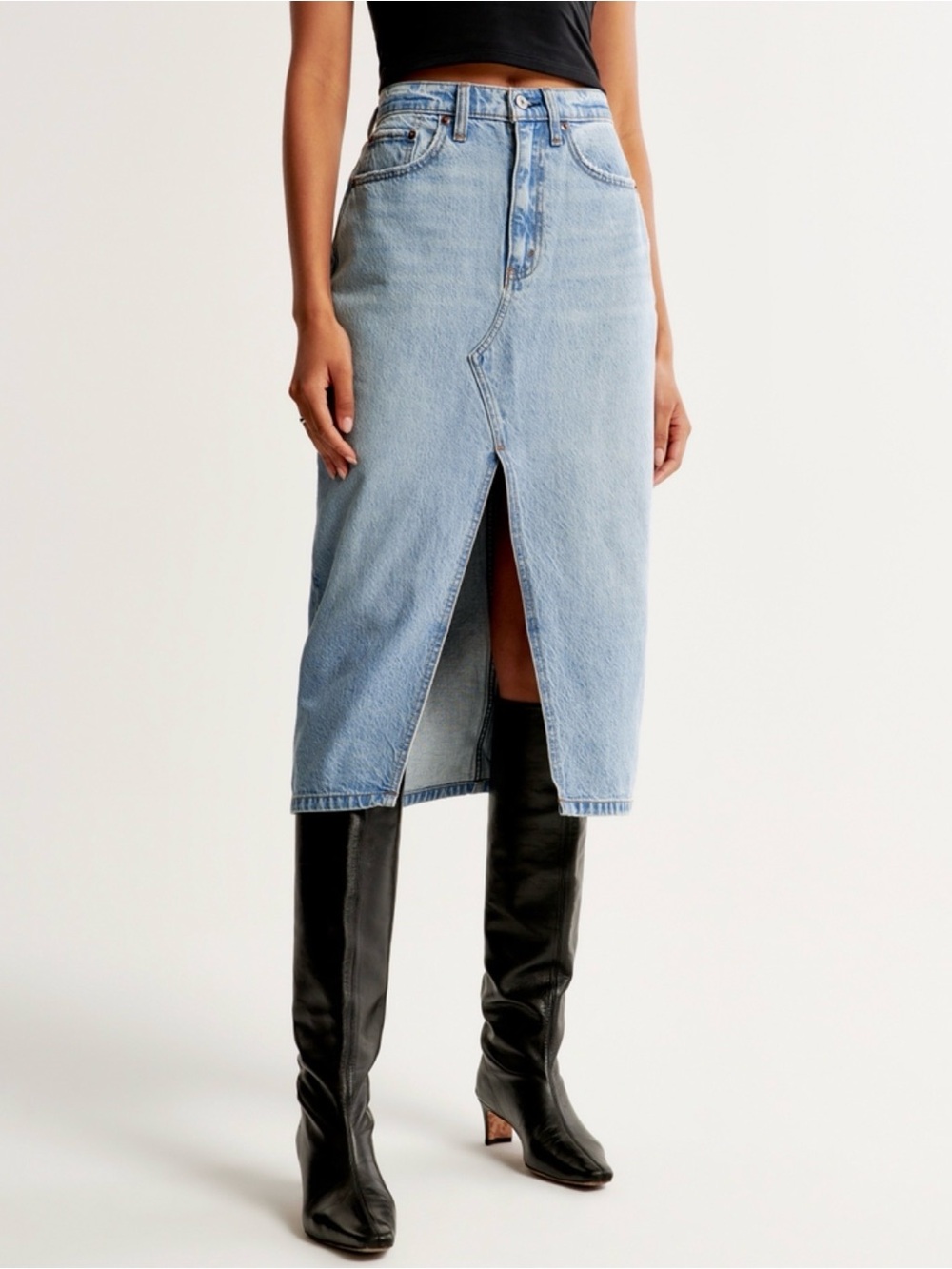 Abercrombie Light Wash Denim Midi Skirt with Front Slit